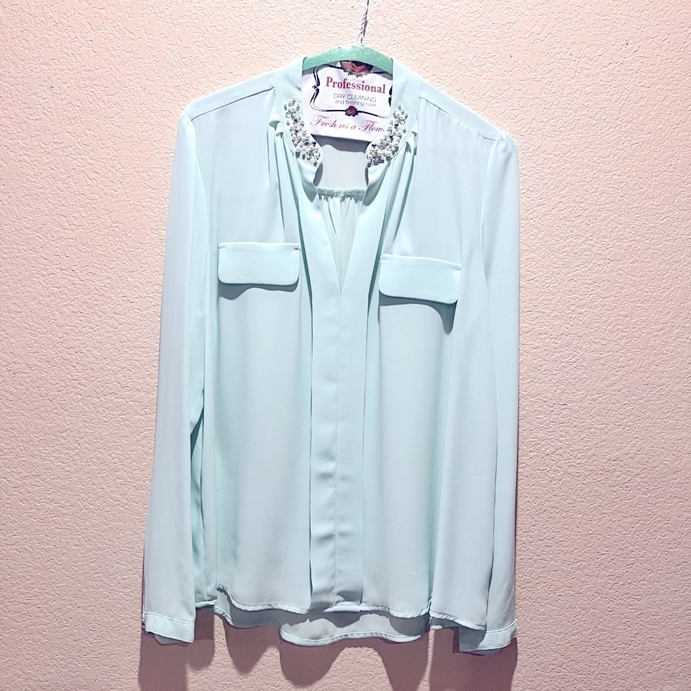Dressy Double Pocket Sheer Mint Blouse